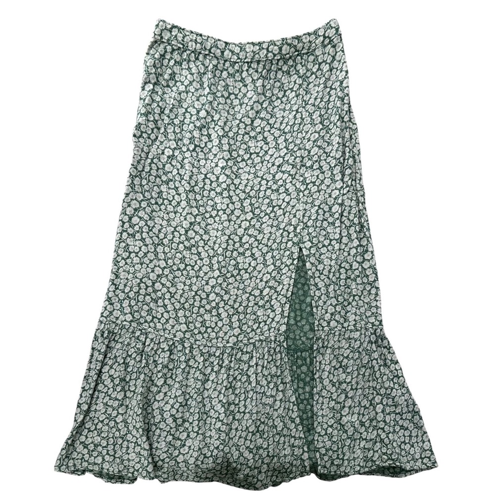 Abercrombie & Fitch Prairie Skirt Green Floral Midi Slit Ruffle Hem Women's XS